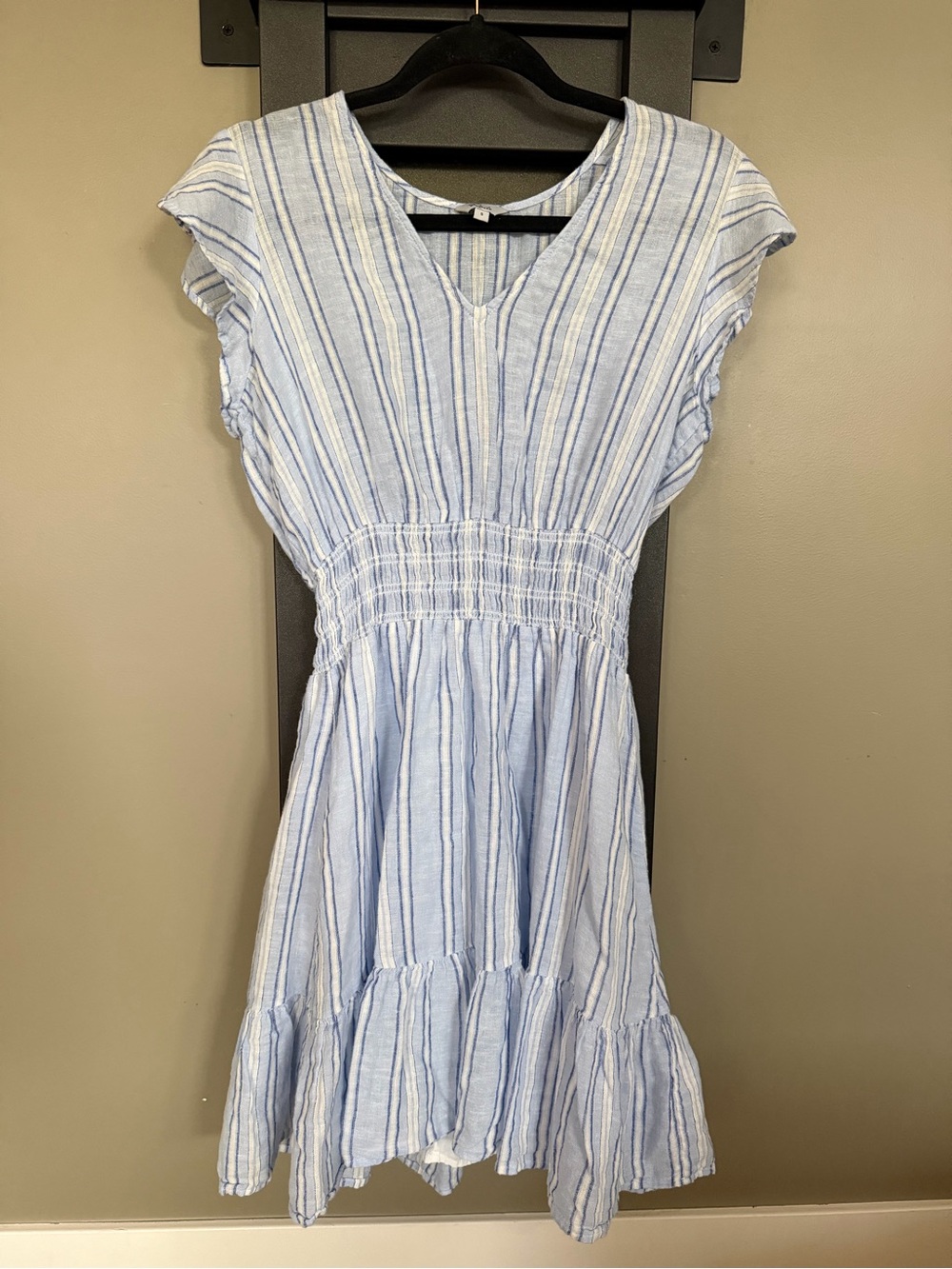 Rails Blue White Striped Linen ECOVERO Smocked Midi Dress Small